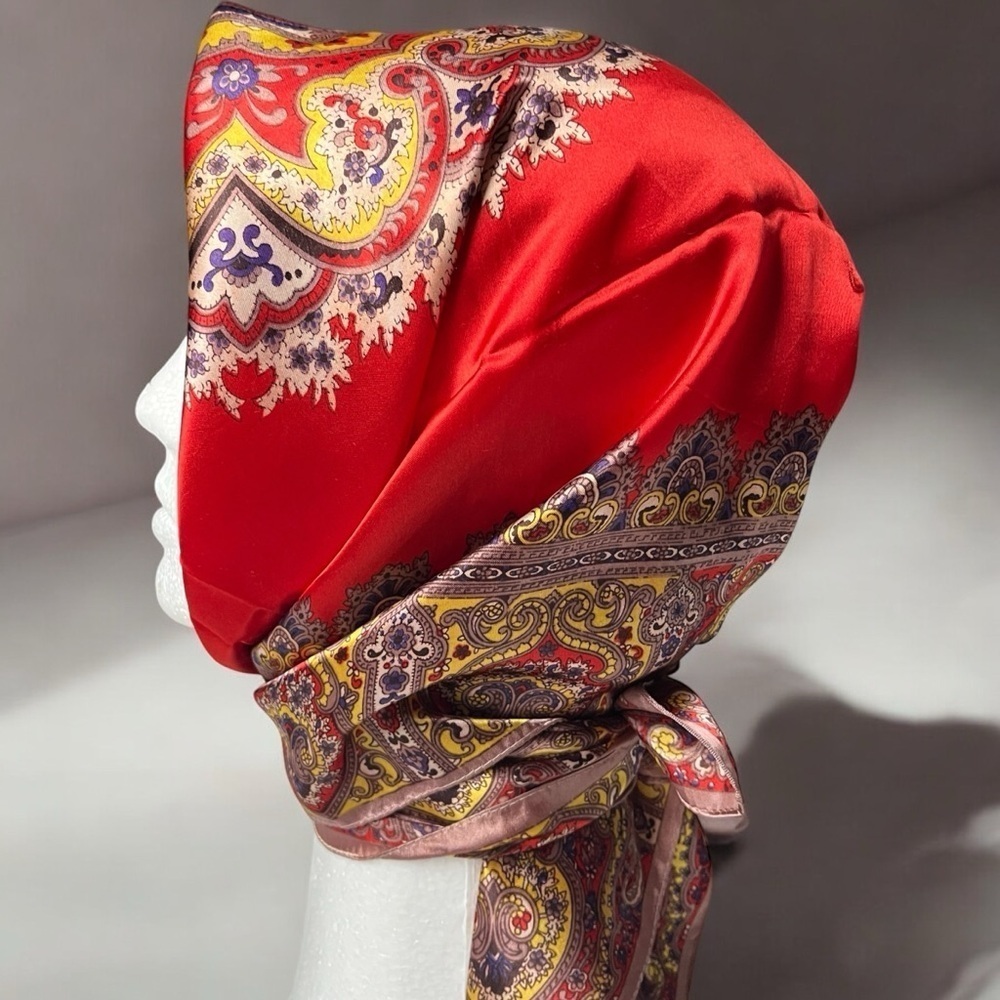 VTG 60s Queen Pearl by Yamashita Brand Acetate Silky Scarf Headscarf Paisley Red - Picture 4 of 14